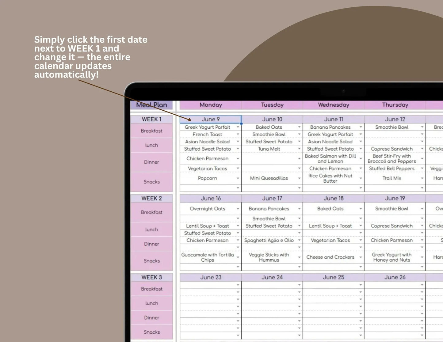 Monthly Meal Planner Spreadsheet